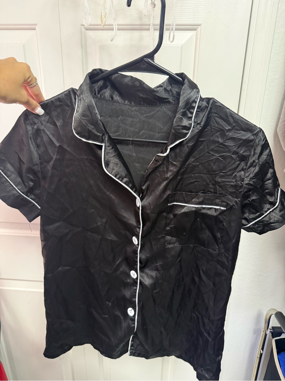 Amazon Black Satin Short-Sleeve Pajama Top with White Piping